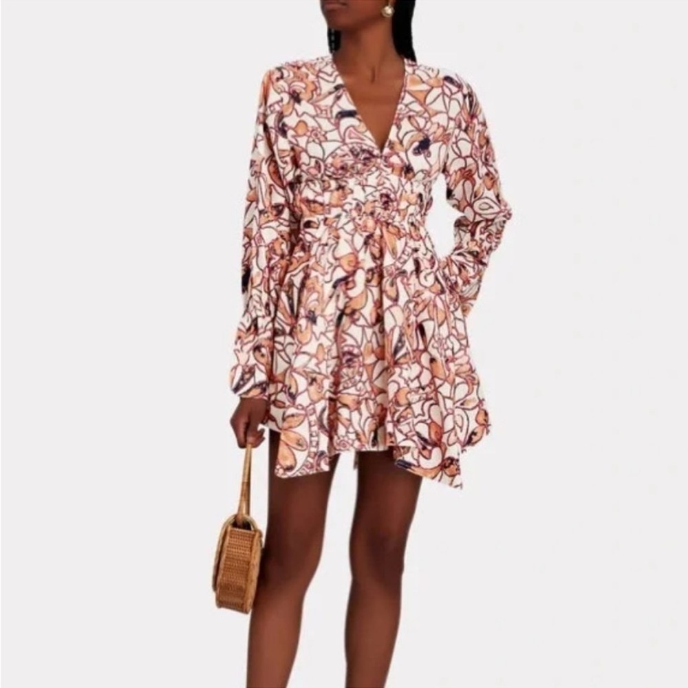 A.L.C. Salina Linen Abstract Printed Long-Sleeve Handkerchief Mini Dress